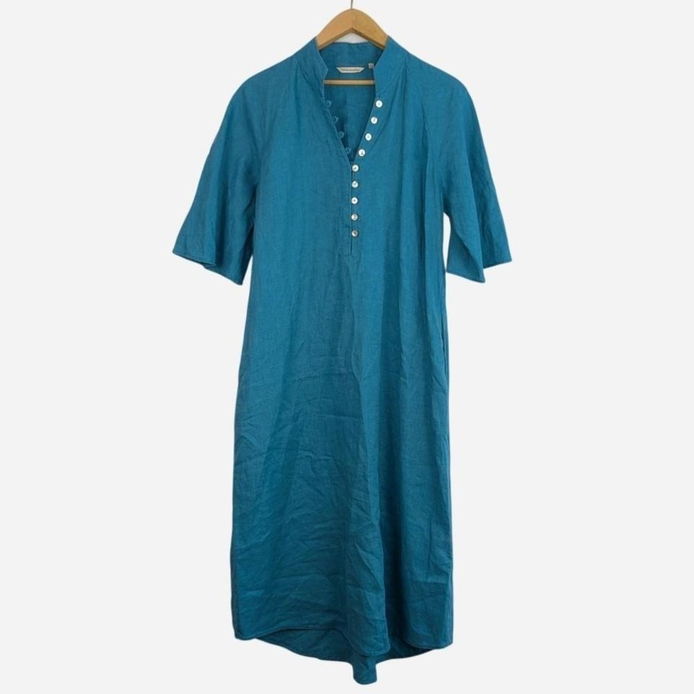 Soft Surroundings 100% Linen Teal Button Placket Shirt Dress Pockets Large